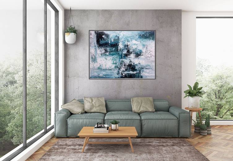 Bedroom Handmade Original Blue Painting White Abstract Canvas Wall Art BQR5H